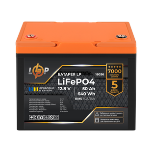 Акумулятор LP LiFePO4 для ДБЖ 12V (12,8V) - 50 Ah (640Wh) (BMS 50A/25A) пластик 18036 фото